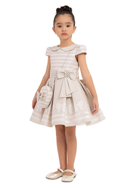 Beige Baby-collar Dress for Girls 2-6 AGE - 2