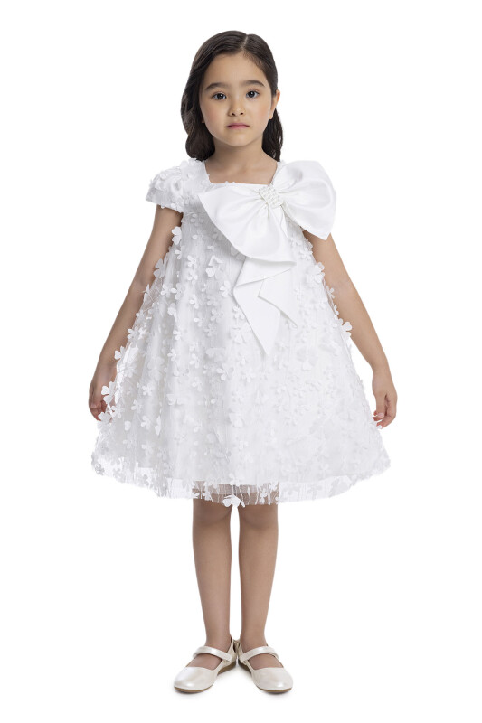 Ecru Girl's Dress with Bow 3-7 AGE - 1