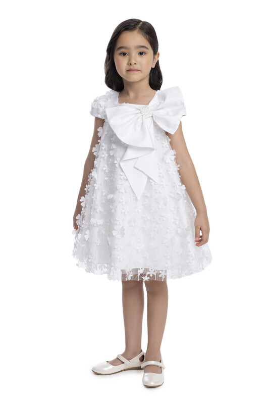 Ecru Girl's Dress with Bow 3-7 AGE - 2