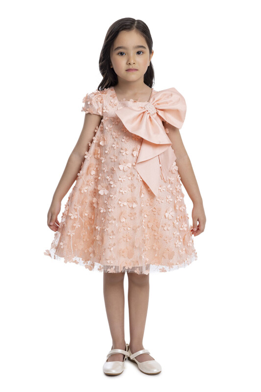 Salmon Girl's Dress with Bow 3-7 AGE - 1