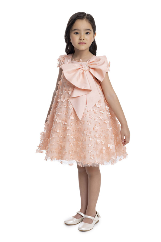 Salmon Girl's Dress with Bow 3-7 AGE - 2