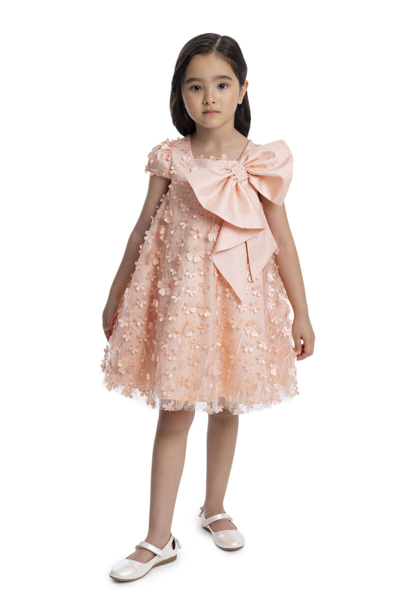 Salmon Girl's Dress with Bow 3-7 AGE - 3
