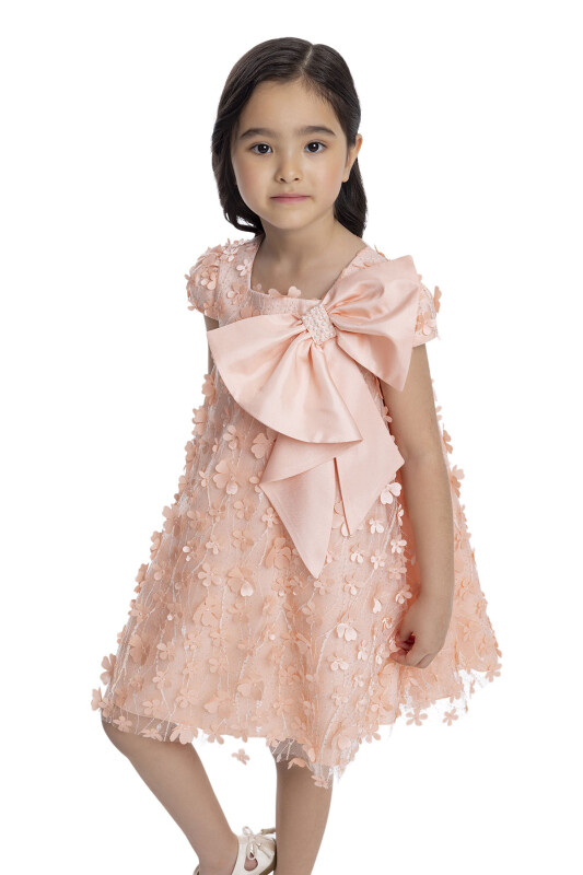 Salmon Girl's Dress with Bow 3-7 AGE - 4