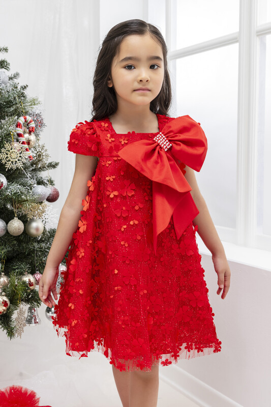 Red Girl's Dress with Bow 3-7 AGE - 1
