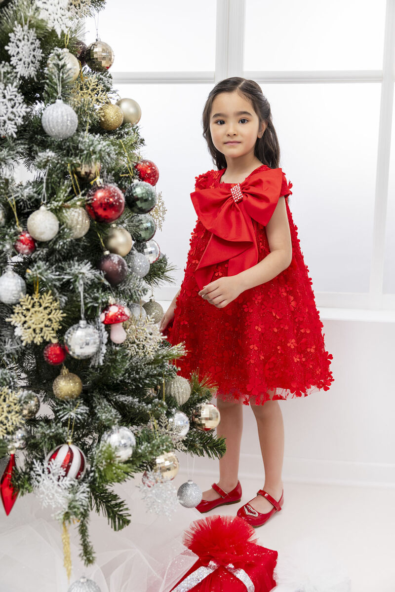 Red Girl's Dress with Bow 3-7 AGE - 2