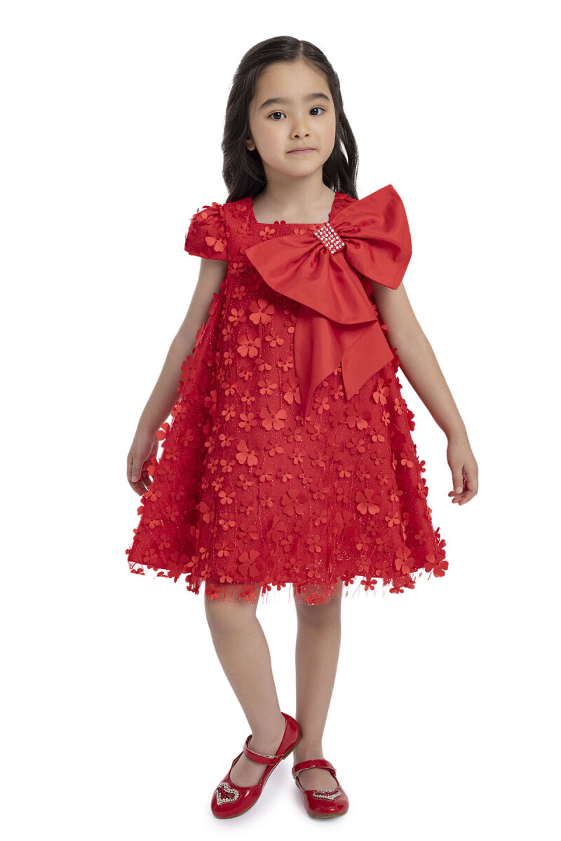 Red Girl's Dress with Bow 3-7 AGE - 5