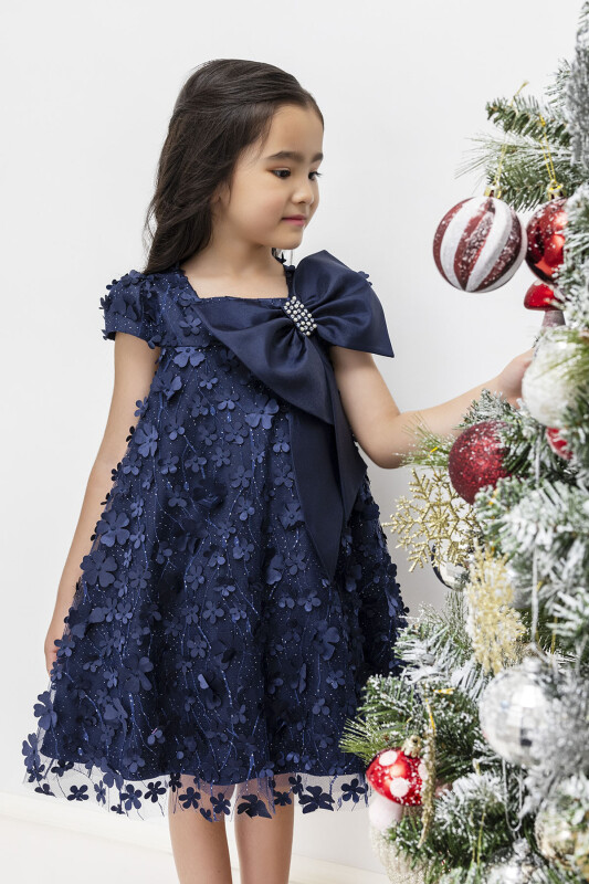 Navy Girl's Dress with Bow 3-7 AGE - 2