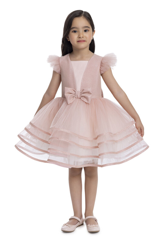 Powder Ruffled Sleeve Girl's Dress 3-7 AGE - 1