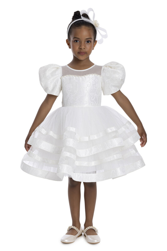Ecru Puff Sleeve Girl's Dress 3-7 AGE - 1