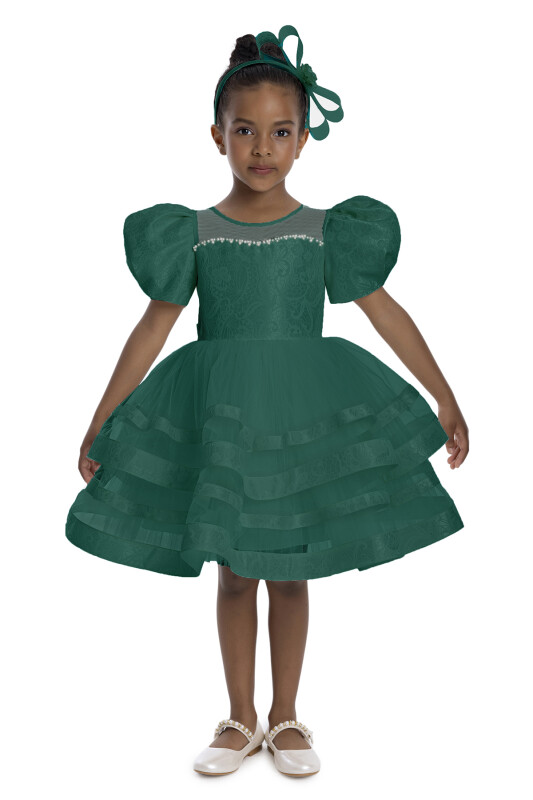 Green Puff Sleeve Girl's Dress 3-7 AGE - 1