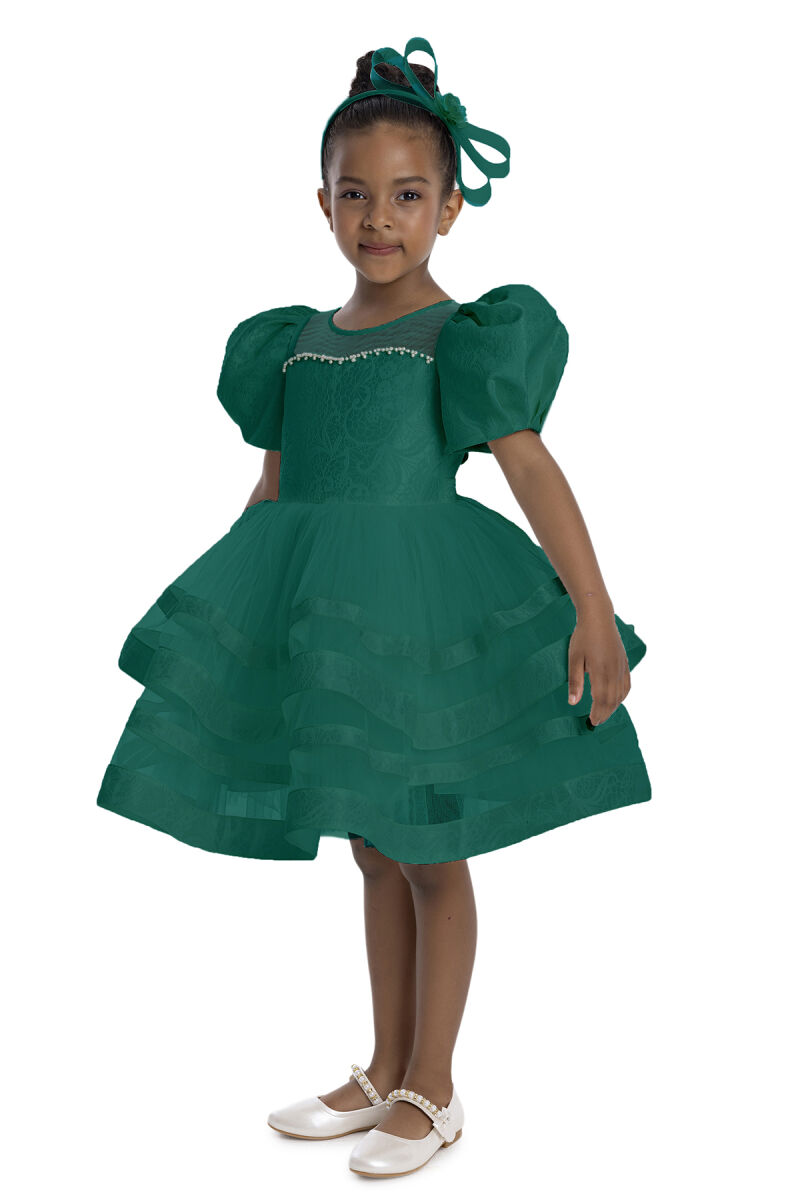 Green Puff Sleeve Girl's Dress 3-7 AGE - 2