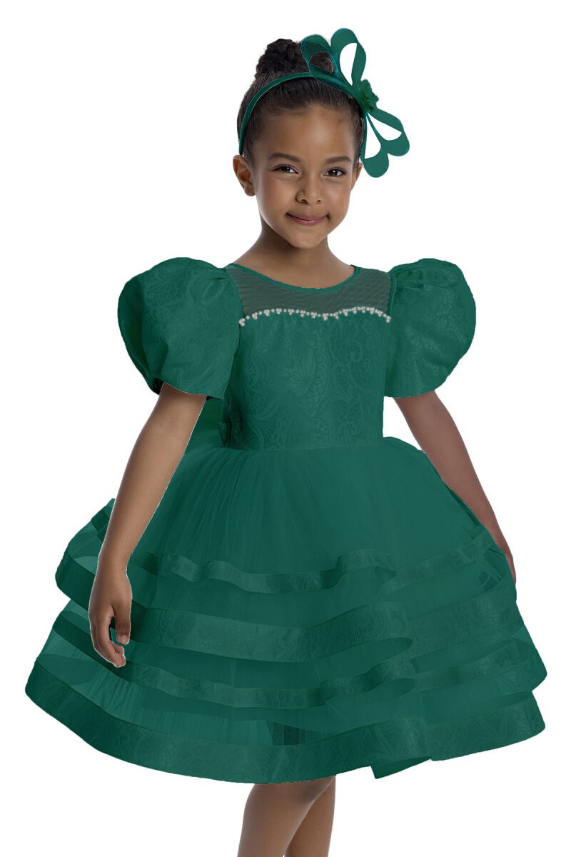 Green Puff Sleeve Girl's Dress 3-7 AGE - 3