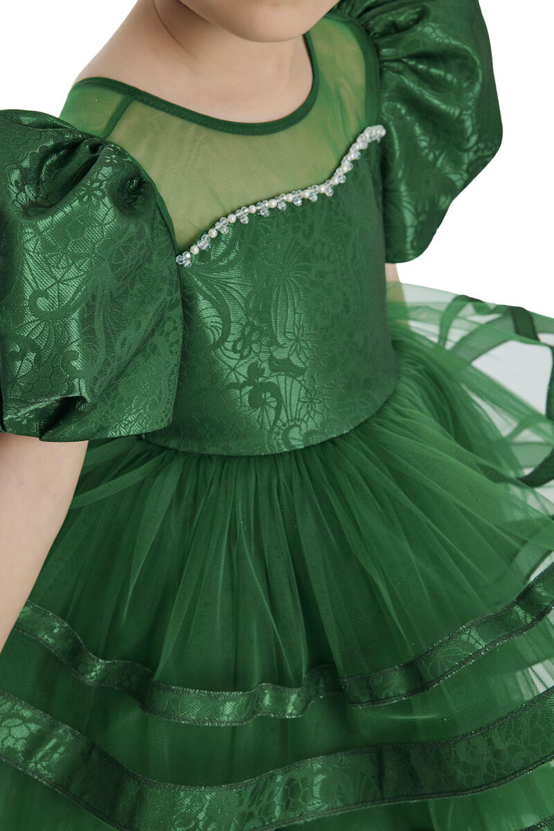 Green Puff Sleeve Girl's Dress 3-7 AGE - 8