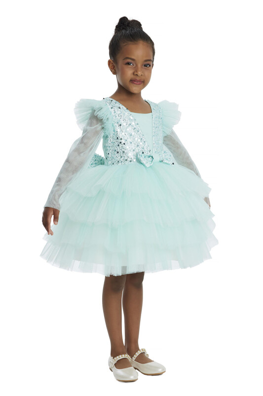Mint Long-sleeved Girl's Tulle Dress 3-7 AGE - 2