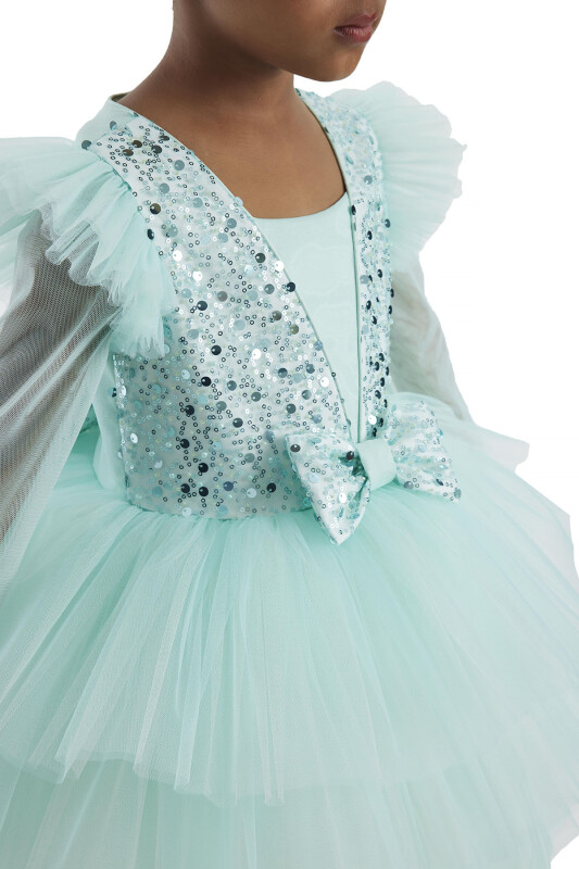 Mint Long-sleeved Girl's Tulle Dress 3-7 AGE - 5