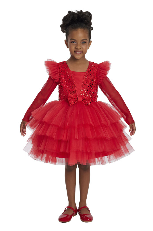 Red Long-sleeved Girl's Tulle Dress 3-7 AGE - 3