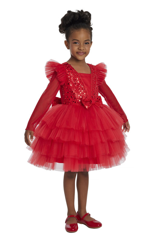 Red Long-sleeved Girl's Tulle Dress 3-7 AGE - 4
