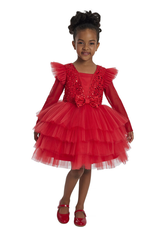 Red Long-sleeved Girl's Tulle Dress 3-7 AGE - 5
