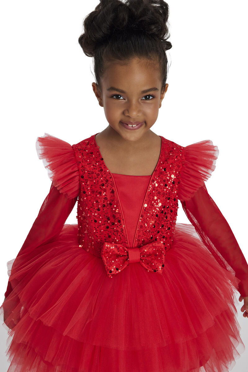 Red Long-sleeved Girl's Tulle Dress 3-7 AGE - 6