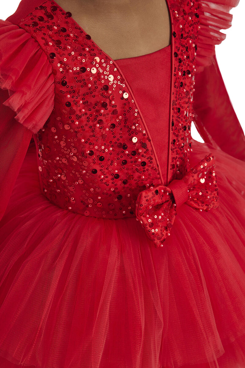 Red Long-sleeved Girl's Tulle Dress 3-7 AGE - 7