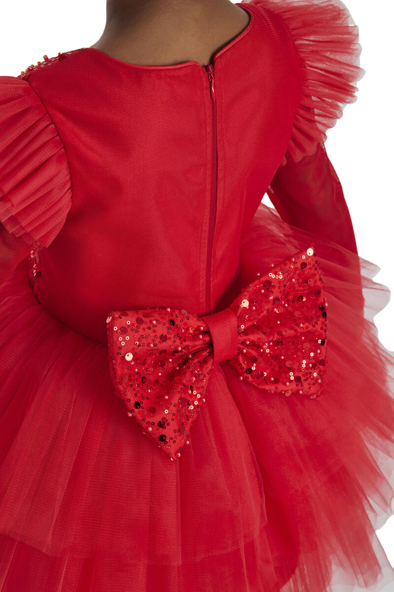 Red Long-sleeved Girl's Tulle Dress 3-7 AGE - 9