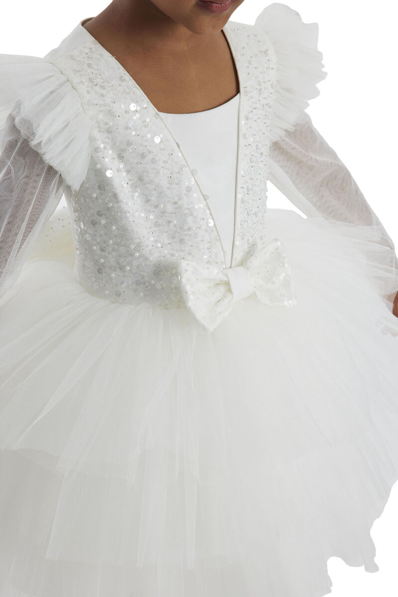 Ecru Long-sleeved Girl's Tulle Dress 3-7 AGE - 4
