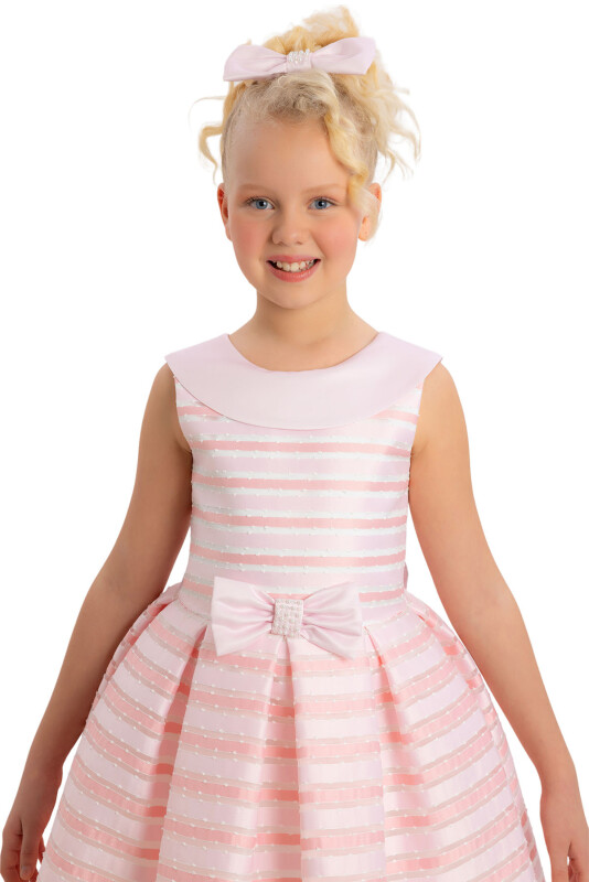 Pink Girls Striped Organza Dress 8-12 AGE - 4