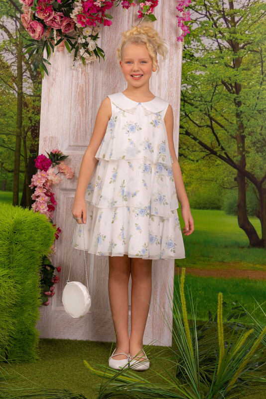 Blue Girls Chiffon Dress with Rose Print 8-12 AGE - 1