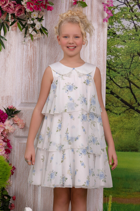 Blue Girls Chiffon Dress with Rose Print 8-12 AGE - 7
