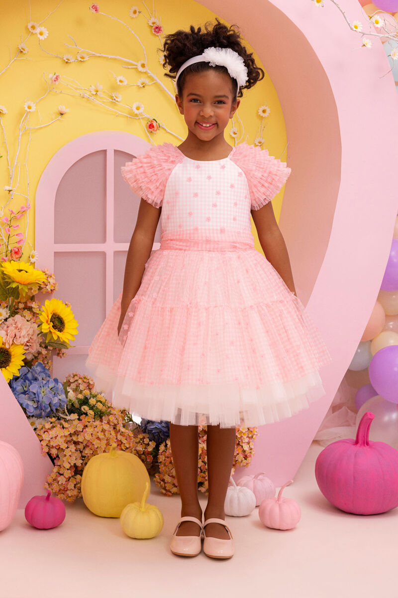 Pink Girls Gingham Tulle Dress 3-7 AGE - 1