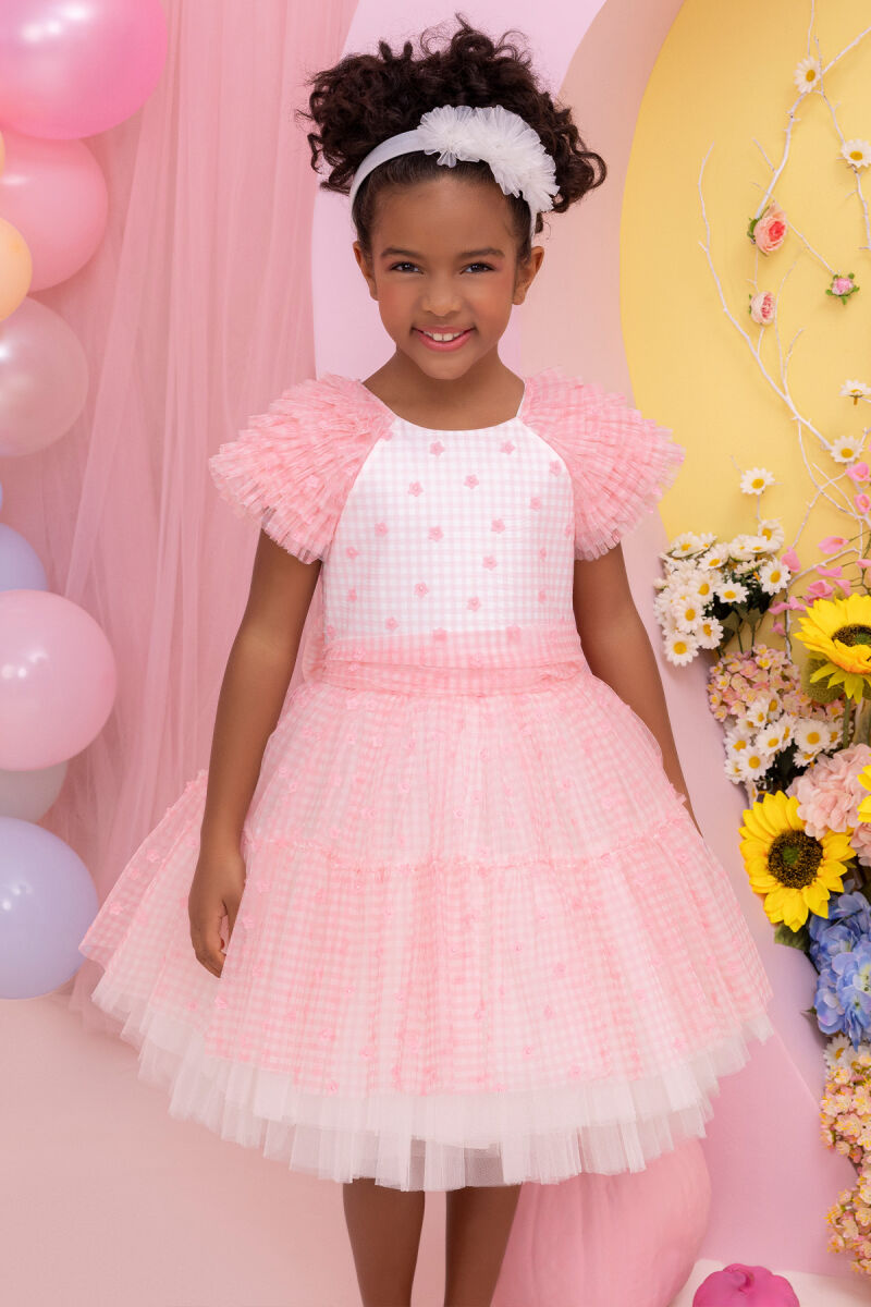 Pink Girls Gingham Tulle Dress 3-7 AGE - 7