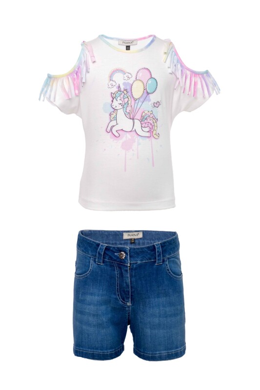 Ecru Girl Suit With Unicorn Printed T-shirt And Jean Shorts 2-6 AGE - 1