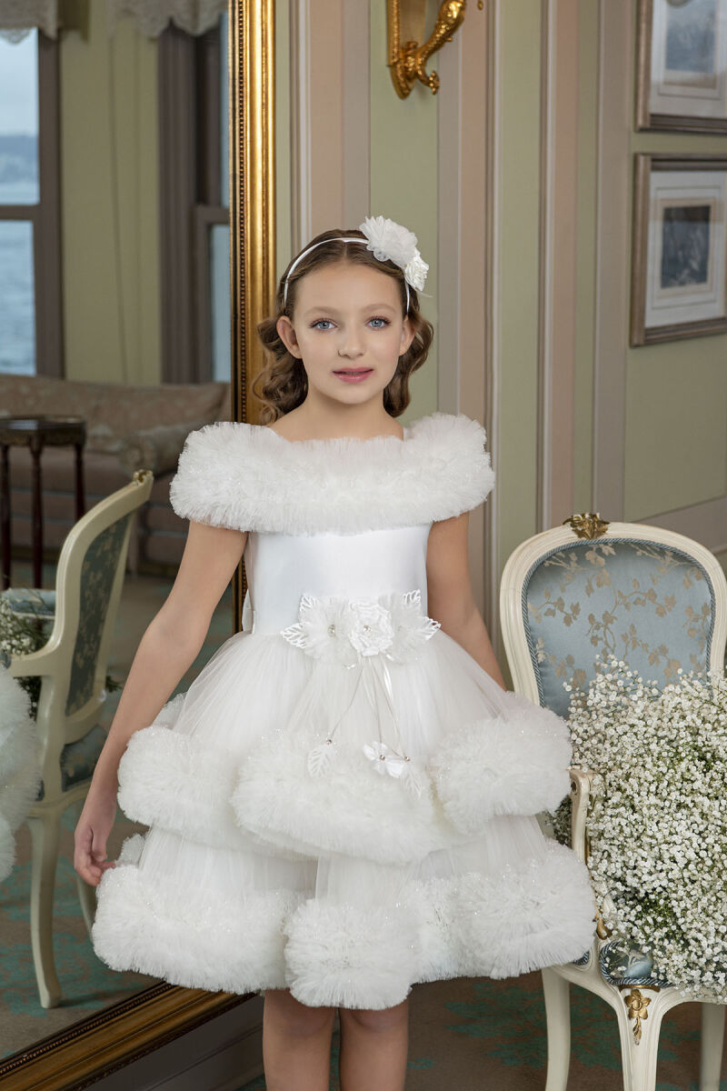 Ecru Ruffled Dress for Girls 6-10 AGE 33163PR - 1