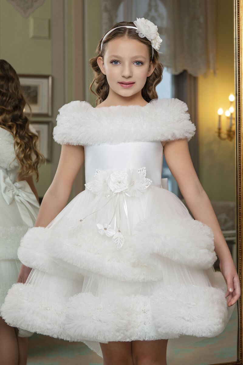 Ecru Ruffled Dress for Girls 6-10 AGE 33163PR - 2