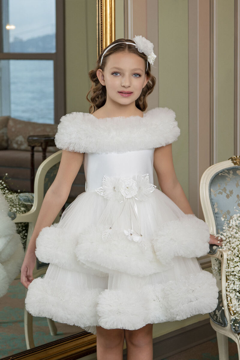 Ecru Ruffled Dress for Girls 6-10 AGE 33163PR - 3