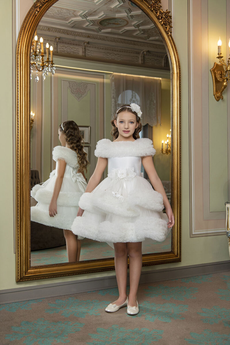 Ecru Ruffled Dress for Girls 6-10 AGE 33163PR - 4