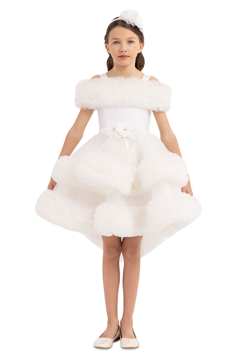 Ecru Ruffled Dress for Girls 6-10 AGE 33163PR - 5