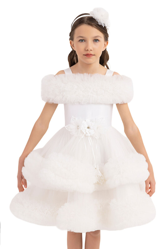 Ecru Ruffled Dress for Girls 6-10 AGE 33163PR - 8