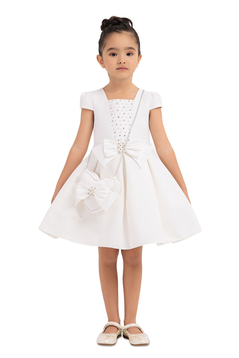 Ecru Square-neck dress for girls 2-6 AGE 33318PR - 1