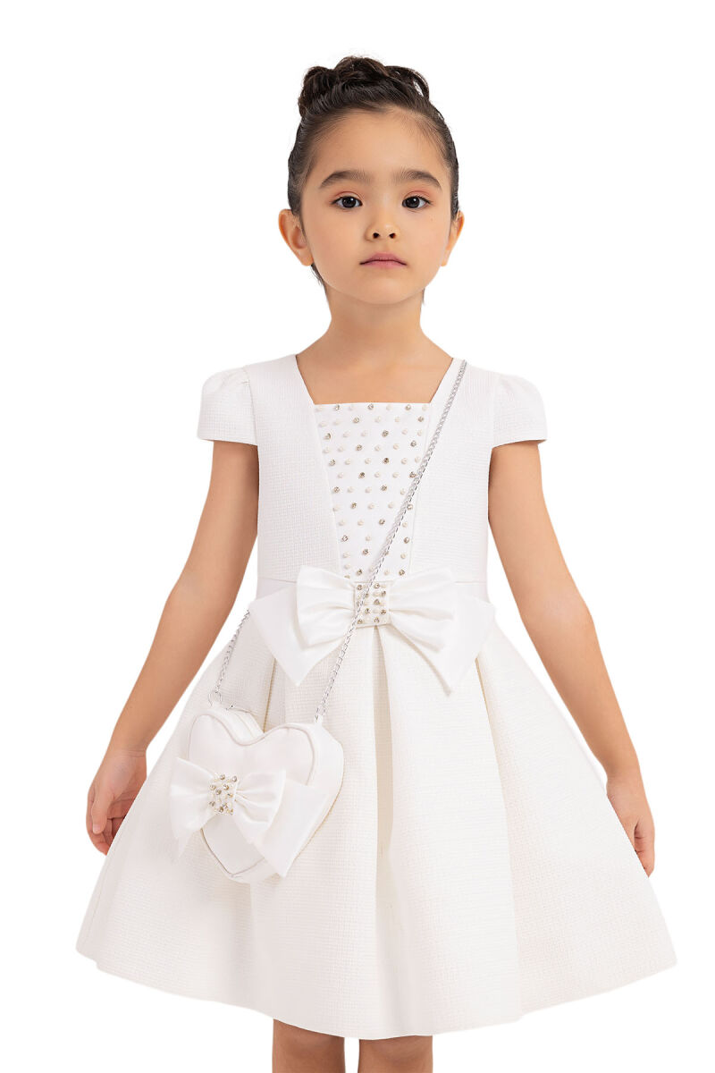 Ecru Square-neck dress for girls 2-6 AGE 33318PR - 4