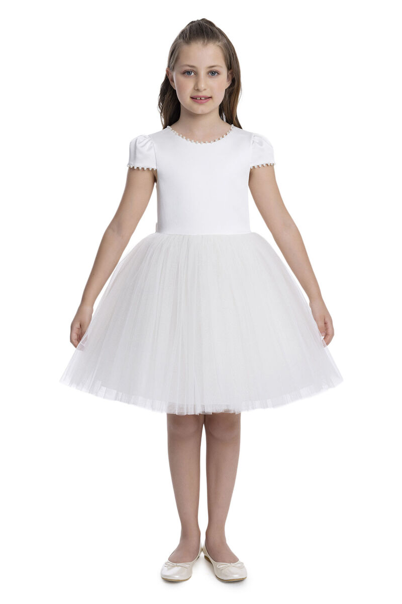 Ecru Pearl-Embroidered Girls Dress 8-12 AGE 34079PR - 1