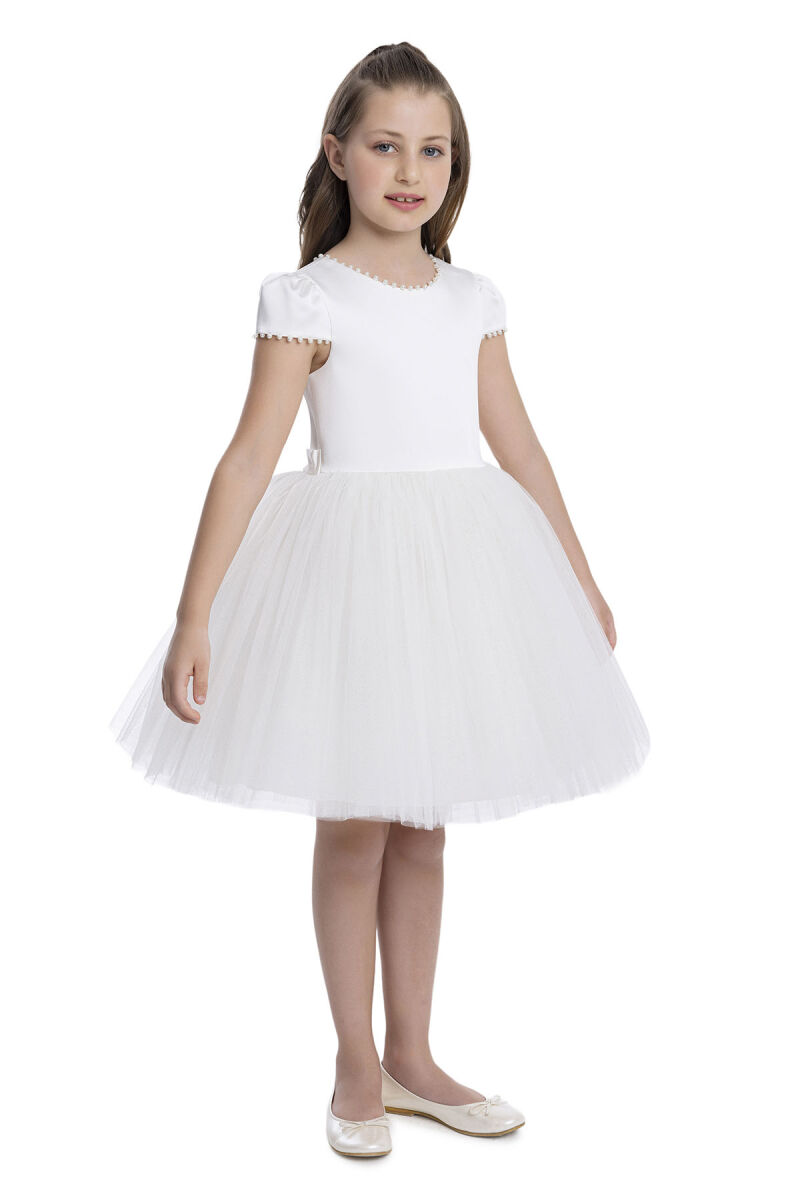 Ecru Pearl-Embroidered Girls Dress 8-12 AGE 34079PR - 2