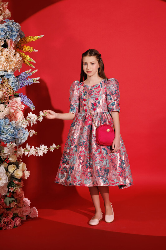 Fuchsia Jacquard Dress with Bag 8-14 AGE 35429PR - 2