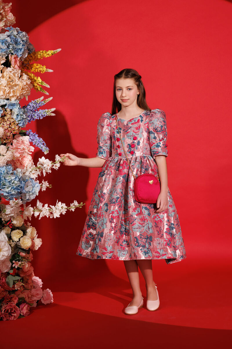 Fuchsia Jacquard Dress with Bag 8-14 AGE 35429PR - 2