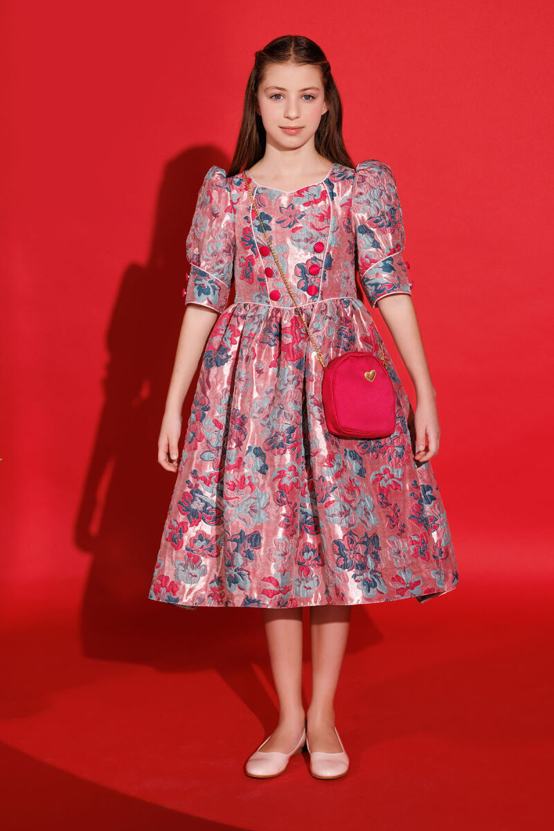 Fuchsia Jacquard Dress with Bag 8-14 AGE 35429PR - 3