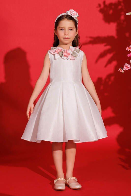 Ecru Girls Dress with Hair Accessory 3-7 AGE 35425PR 