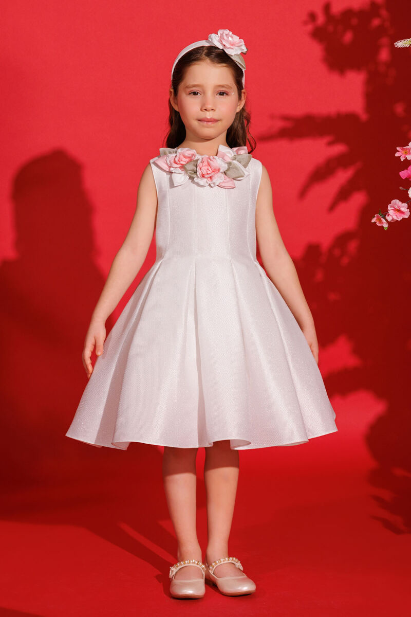 Ecru Girls Dress with Hair Accessory 3-7 AGE 35425PR - 1
