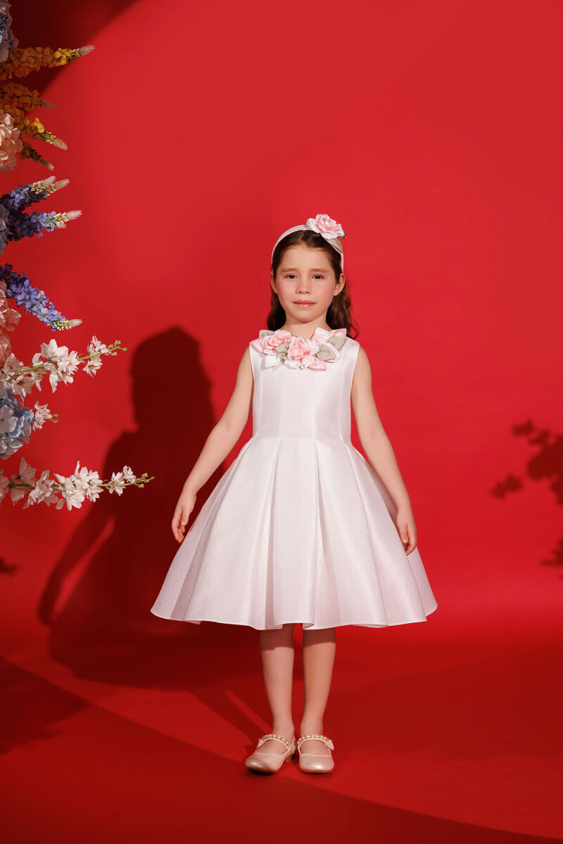 Ecru Girls Dress with Hair Accessory 3-7 AGE 35425PR - 2