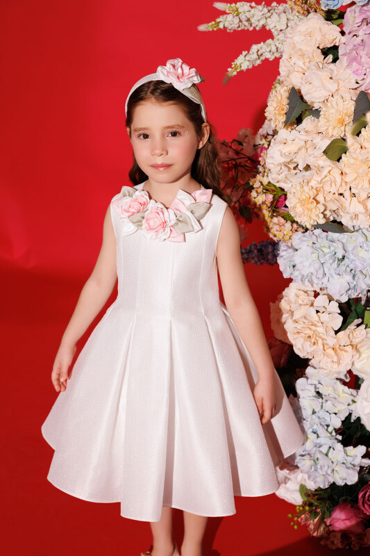 Ecru Girls Dress with Hair Accessory 3-7 AGE 35425PR - 3