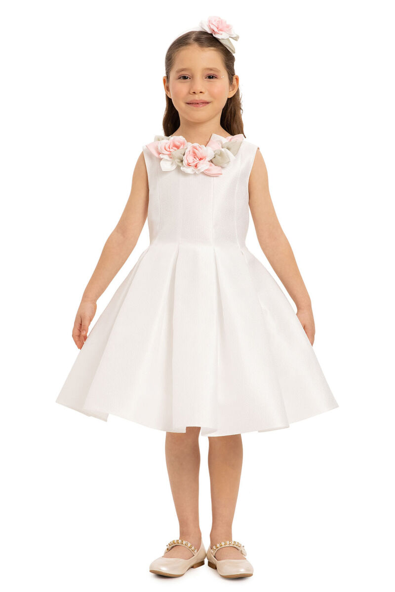 Ecru Girls Dress with Hair Accessory 3-7 AGE 35425PR - 4